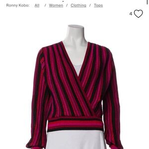 Ronny Kobo Pink and Black Striped Wrap V-Neck Sweater